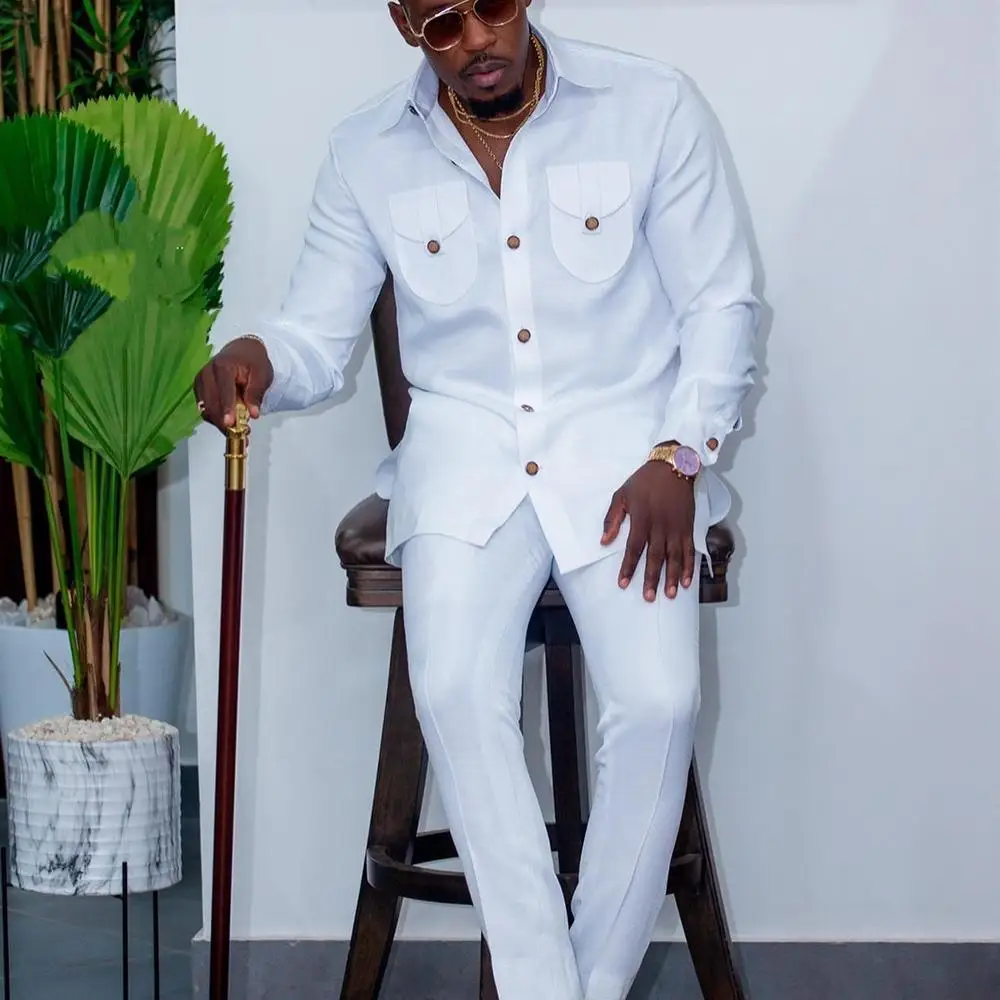 Color: Clear, Size: XXL - 2025 New men's suit, white pocket, 2-piece set, luxury wedding casual suit, traditional African style of ethnic minorities