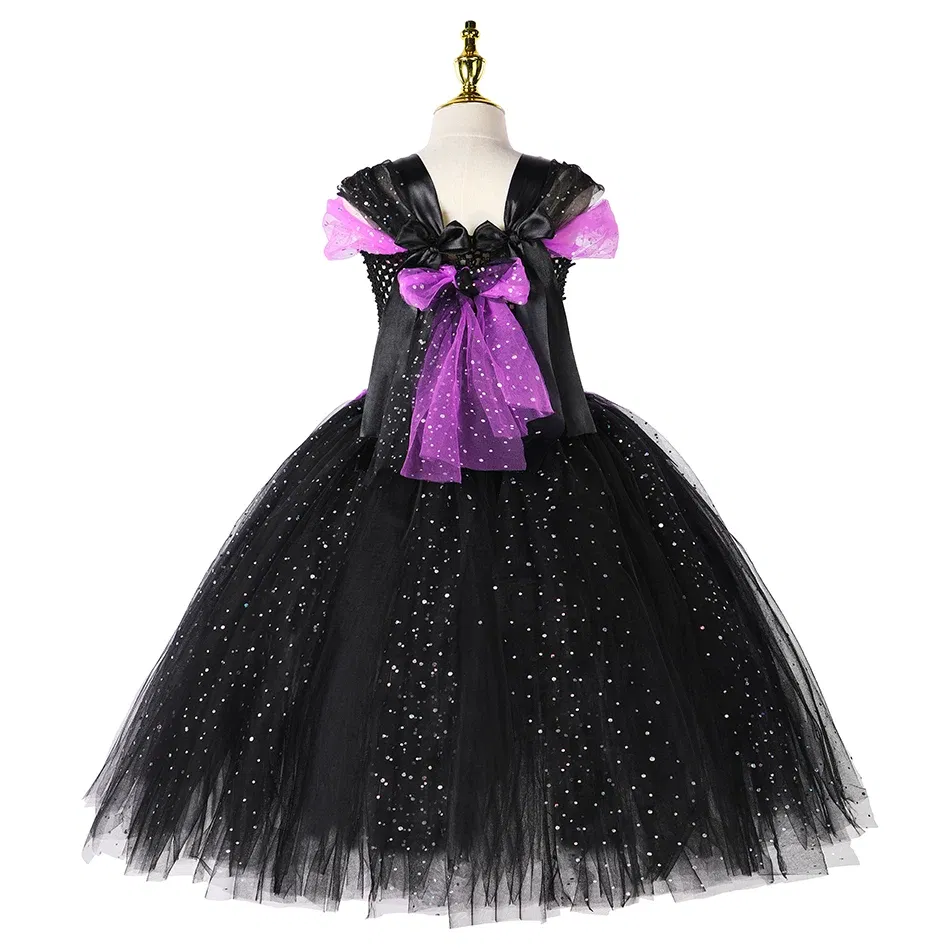 Color: Lavender, Kid Size: 4T - Halloween Witch Tutu Dress for Girls Handmade Mesh Bat Wizard Cosplay Costumes with Hat Broom Toddler Evil Party Clothes Set