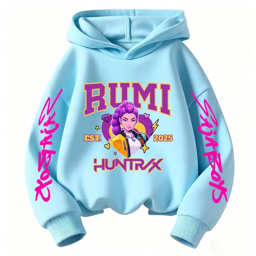 Color: black, Kid Size: 7 - 2025 KPop Devil Hunter Cartoon Girl Boy Hooded Sweatshirt Kawaii Children's Korean Wave Casual Fashion Top