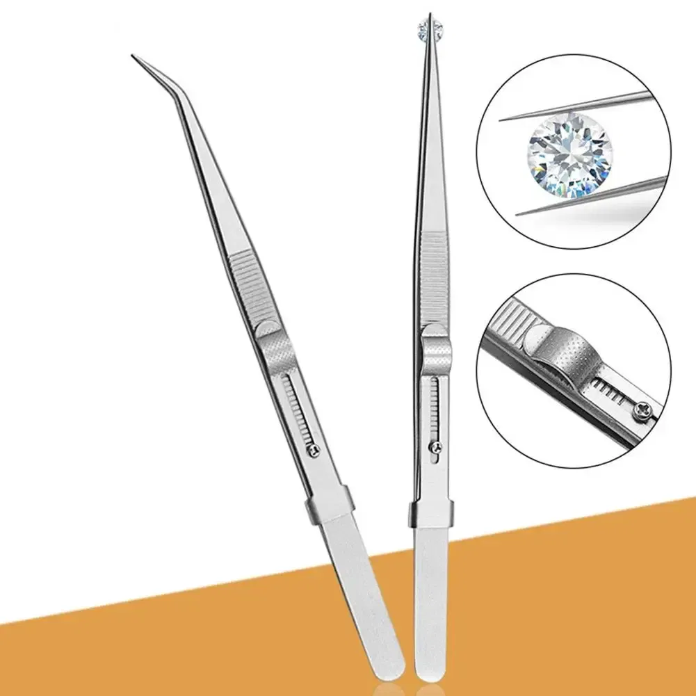 Color: CYAN - Jewelry Stainless Steel Tweezers Professional Adjustable Slide lock Antistatic Tweezers For Diy Diamond Gem Repair Tools