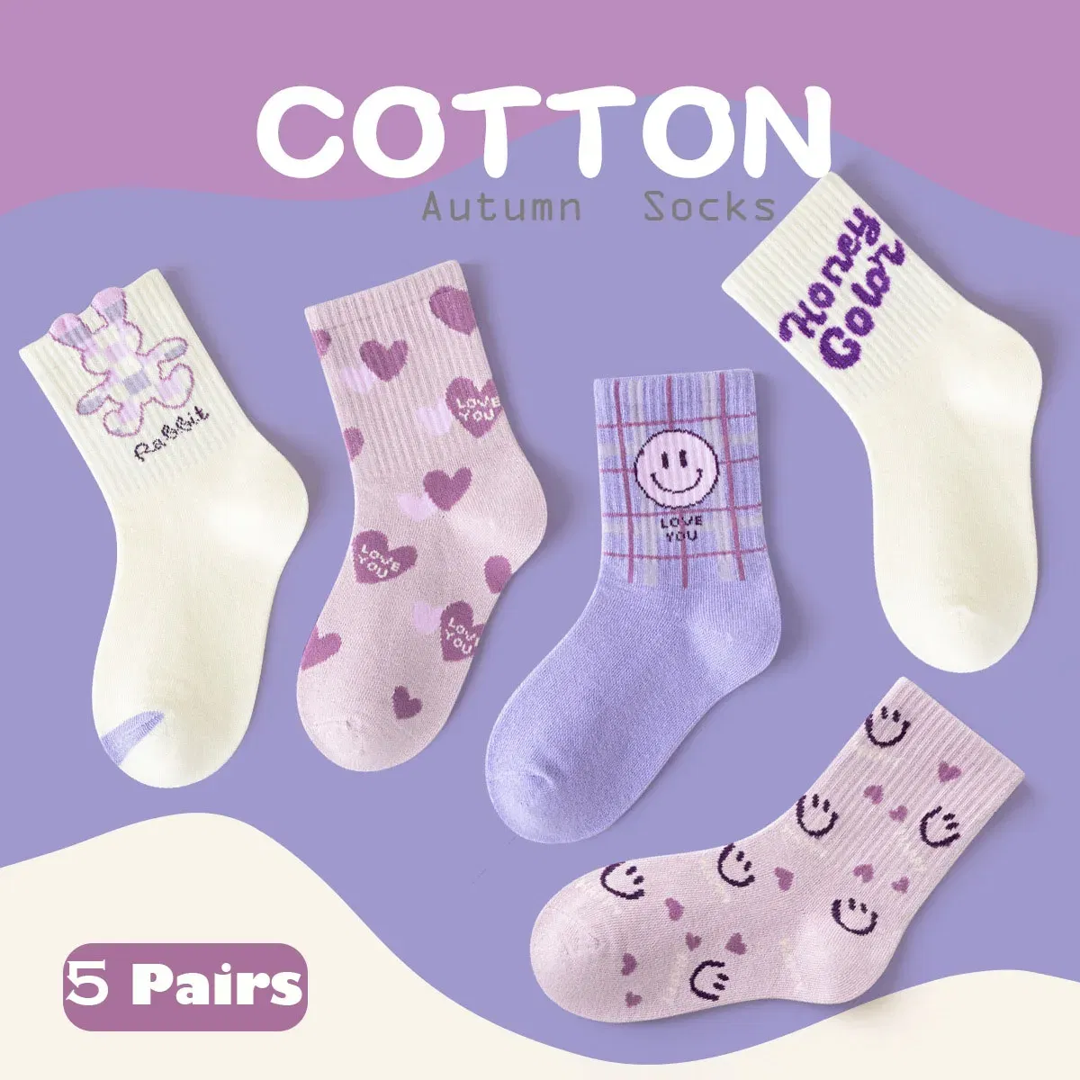 Color: black, Size: 7-9T - 5 Pairs Girls Socks Cotton Socks Spring Autumn Letter Pattern Calf Socks A Class Sporty Socks