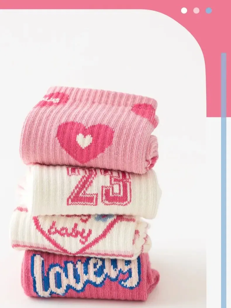 Color: black, Size: 7-9T - 5 Pairs Girls Socks Cotton Socks Spring Autumn Letter Pattern Calf Socks A Class Sporty Socks