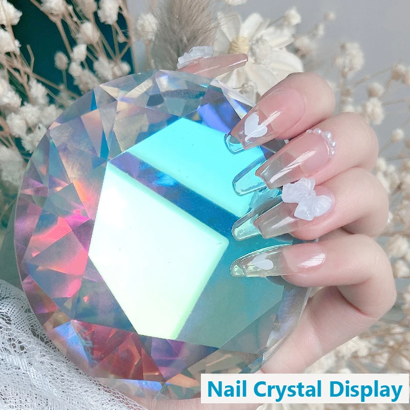 Color: light green - Nail Art Display 80mm Transparent Holographic Glass Crystal Diamond Hand Model Shoot Ornament Jewelry Salon Manicure Tool