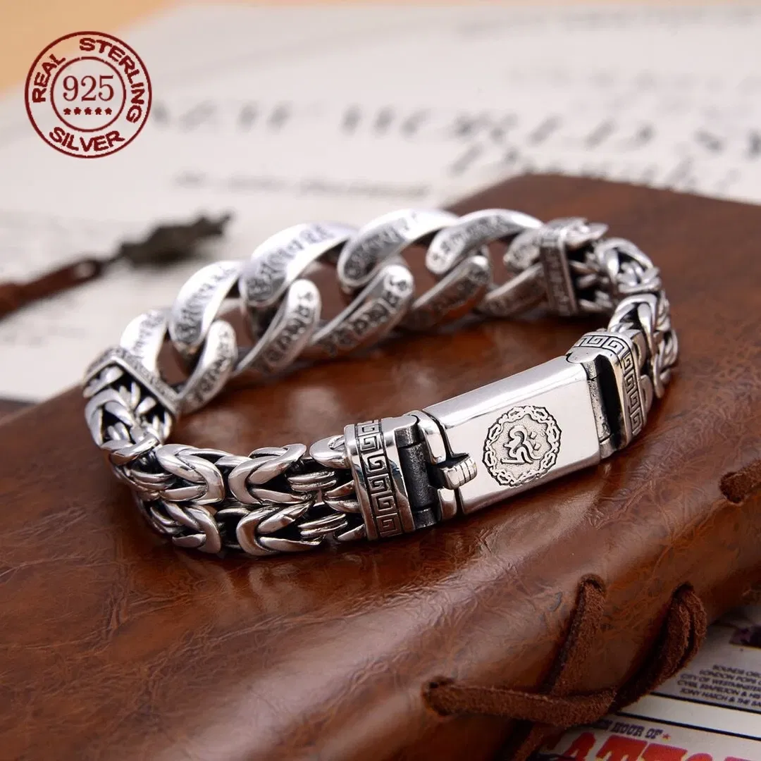 Metal Color: Rhodium Plated, Gem Color: black, Ships From: CHINA, Length: 23cm - S925 Sterling Silver Personalized Men and Women Bracelets Six-Character Peace Pattern Cuban Chain Jewelry Exquisite Gift