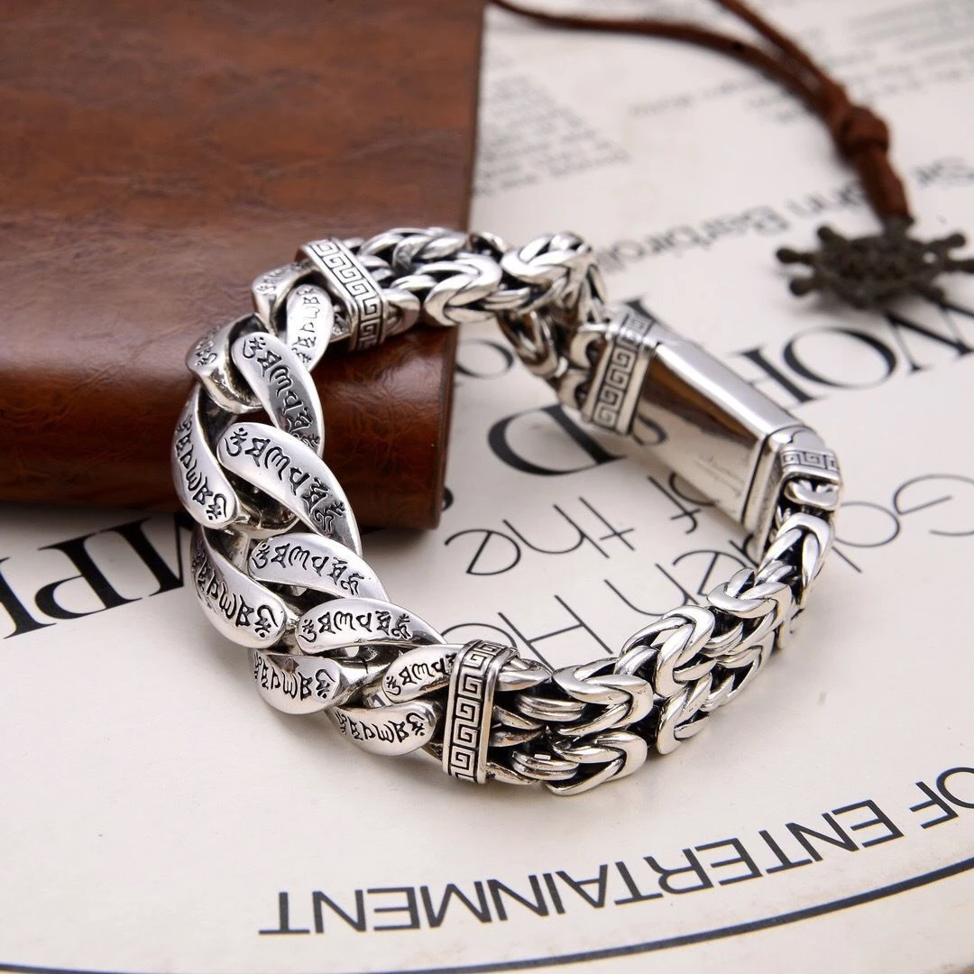 Metal Color: Rhodium Plated, Gem Color: black, Ships From: CHINA, Length: 23cm - S925 Sterling Silver Personalized Men and Women Bracelets Six-Character Peace Pattern Cuban Chain Jewelry Exquisite Gift