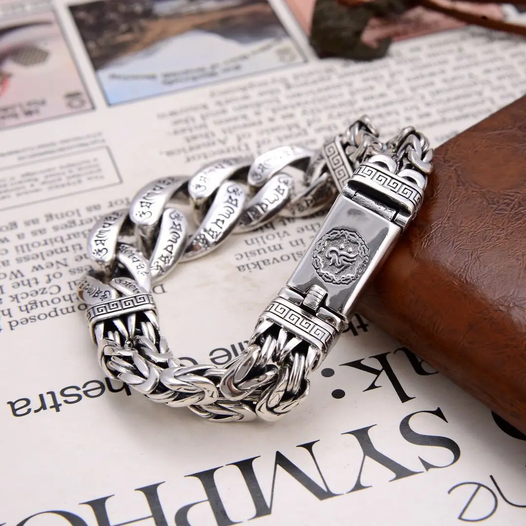 Metal Color: Rhodium Plated, Gem Color: black, Ships From: CHINA, Length: 23cm - S925 Sterling Silver Personalized Men and Women Bracelets Six-Character Peace Pattern Cuban Chain Jewelry Exquisite Gift