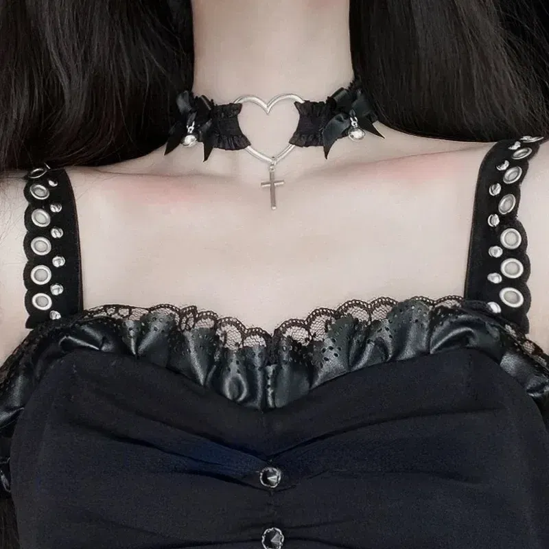 Metal Color: Steel color - Gothic Lace Garter Belt Heart Bowknot Cross Lolita Leg Garters Black White Elastic Choker Strap Cosplay Bondage Lingerie Harness