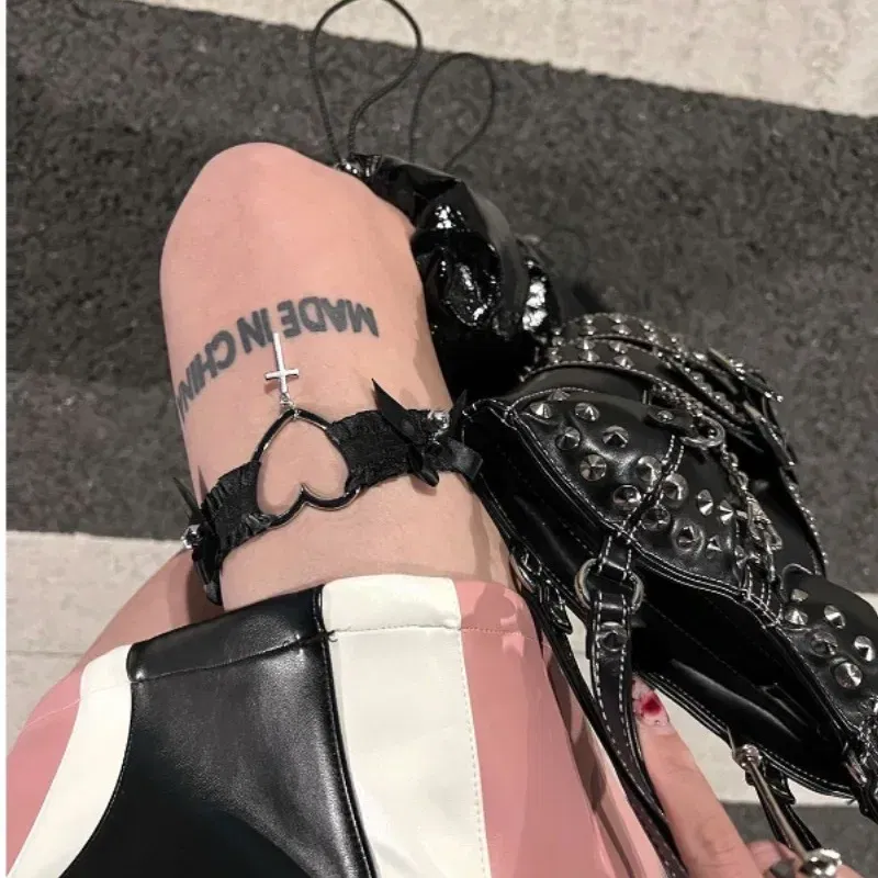 Metal Color: Steel color - Gothic Lace Garter Belt Heart Bowknot Cross Lolita Leg Garters Black White Elastic Choker Strap Cosplay Bondage Lingerie Harness