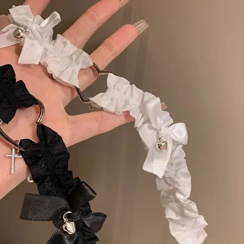 Metal Color: Steel color - Gothic Lace Garter Belt Heart Bowknot Cross Lolita Leg Garters Black White Elastic Choker Strap Cosplay Bondage Lingerie Harness