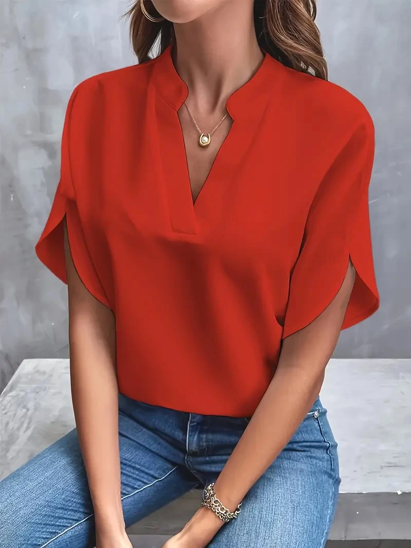 Color: Pink, Size: XXL - Women Elegant Solid Chiffon Blouse Spring Summer Casual Long Sleeve V Neck Loose Shirt Office Lady Tunics Oversized Tops 2024