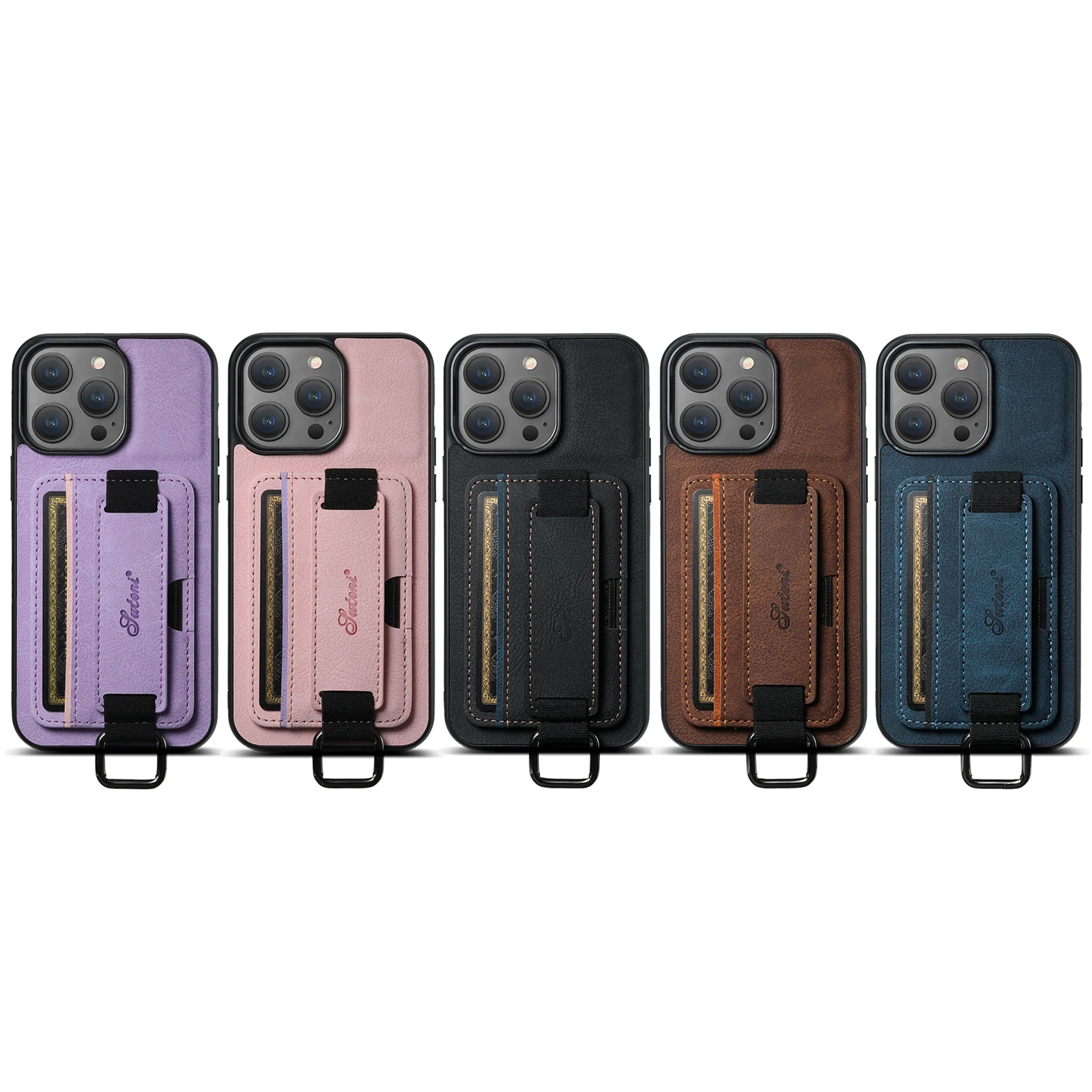Color: black, Material: Genuine Leather - SUTENI Lychee skin print wrist strap card phone case Card holder for iPhone 16 ProMax 15 Plus 14 13 12 11 XR XS Black/blue/brown