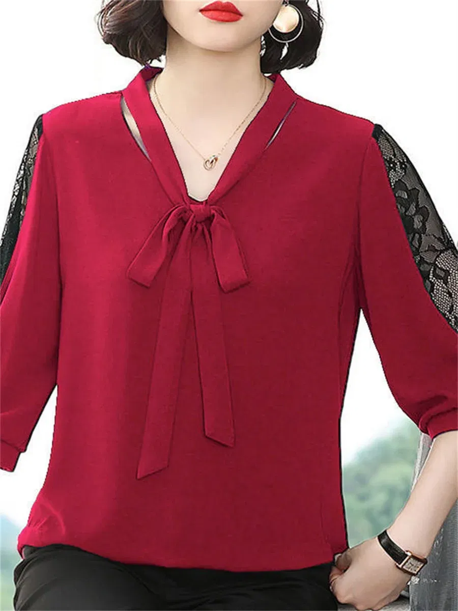 Color: black, Size: M - Women Spring Summer Style Blouses Tops Lady Casual Bow Tie Colloar Half Lace Sleeve Loose Blusas Tops DF4275