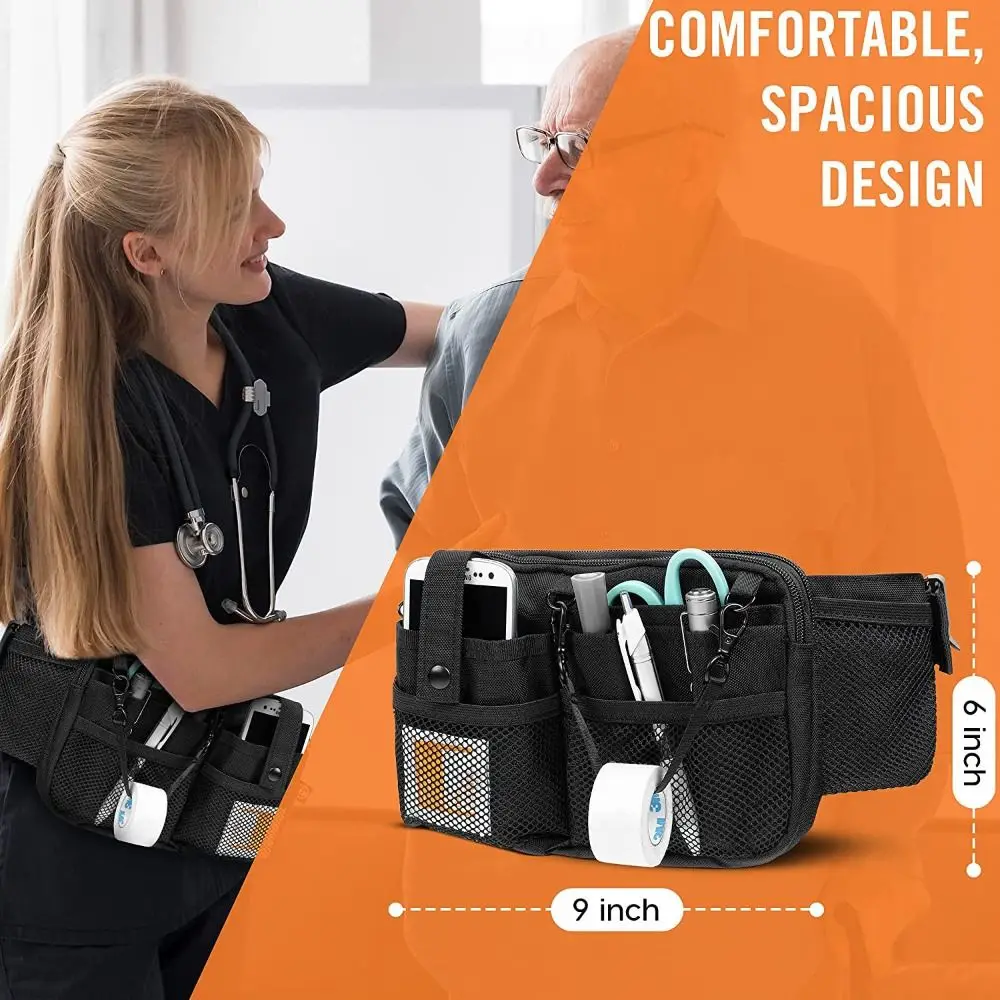 Color: Brown - Adjustable Nurse Fanny Pack Portable Large Capacity Polyester Nurse Pouch Waist Bag Multi Compartment Pocket Belt Organizer