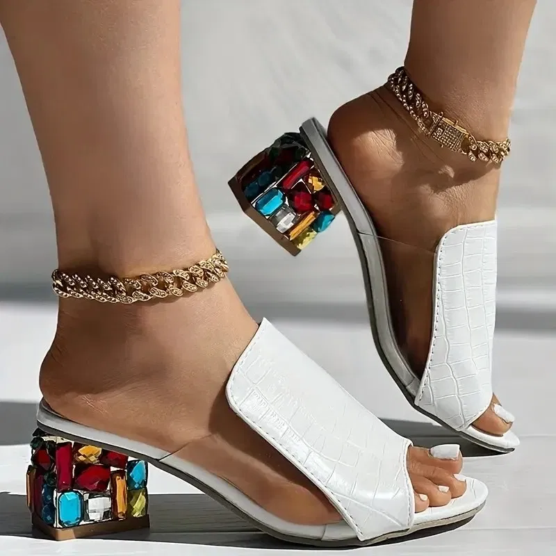 Color: WHITE, Shoe Size: 37 - Women Crystal Sandals 2024 New Spring Summer Open Toe Sandals Square Heels Beach Fashion Sandals Women Sandalias De Mujer