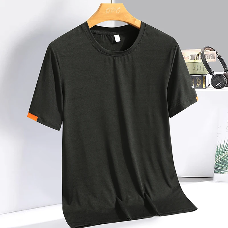 Color: Gold, Size: 4XL - Men's Silk Ice Round Collar T-shirt, Simple Running Fitness Suit, Breathable Thin T-shirt, Quick Dry T-shirt, Summer