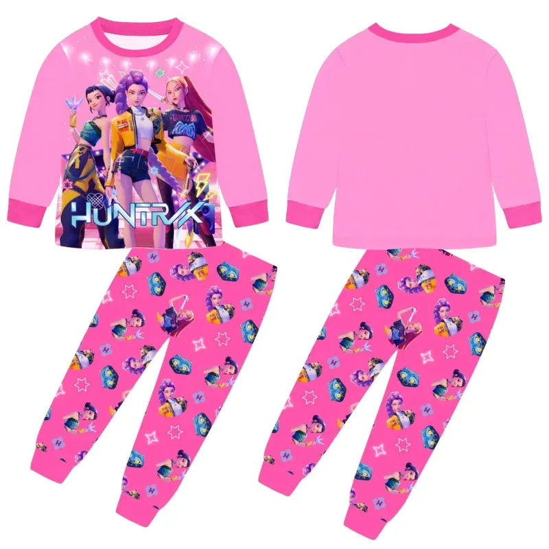 Color: black, Size: 14cm - 2pcs Movie K-pops Demons Hunters Kawaii Pajamas Set Girl Cosplay Nightwears Anime Long Sleeve tops+Pants Fans Halloween Gift