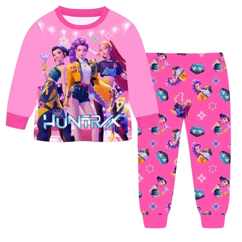 Color: black, Size: 14cm - 2pcs Movie K-pops Demons Hunters Kawaii Pajamas Set Girl Cosplay Nightwears Anime Long Sleeve tops+Pants Fans Halloween Gift