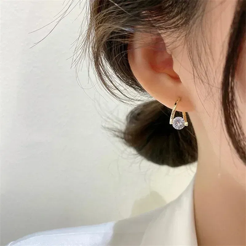 Metal Color: Vermeil - 2024 New Fashion Gold Color Round Zircon Simple Drop Dangle Earrings for Women Charm Korean Hoop Jewelry Wedding Birthday Gift