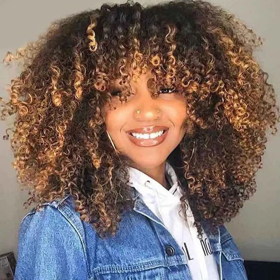 Hair Color: Natural Dark, Stretched Length: 14inches, Density: 230% - Sleek P4/27 Afro Kinky Curly Human Hair Bob Wigs Brazilian Highlight T1b/30 Remy Hair With Bang 250% Density Black Human Hair