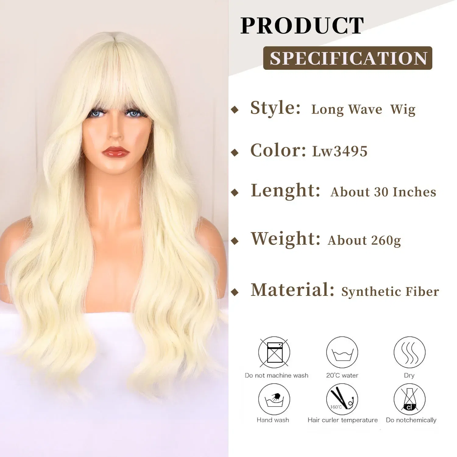 Color: FS1B/99J - Blonde synthetic wig with straight bangs Ladies Cosplay wig High temperature silk wig set with big waves and long curly hair