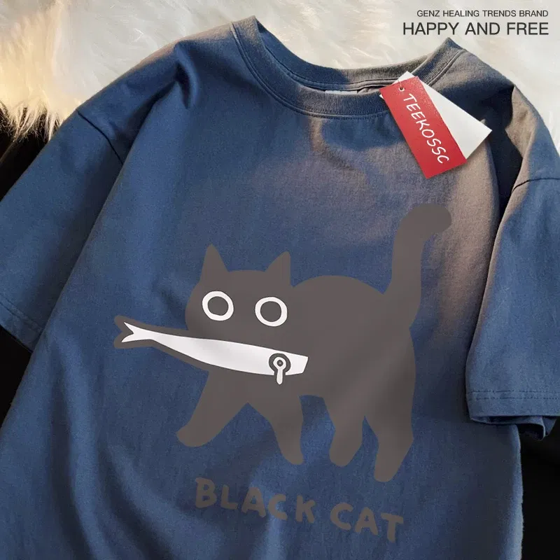 Color: SKY BLUE, Size: XXXL - Fun A Black Cat Eating Fish Japanese Style Men Women T-Shirt Fashion Print T Shirt Breathable Oversize T-Shirts Cotton Clothes