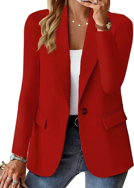 Color: Red, Size: M - Womens Spring Winter Down Full Long Sleeve Coat Autumn Blazer Button Outwear Suit Cardigan Female