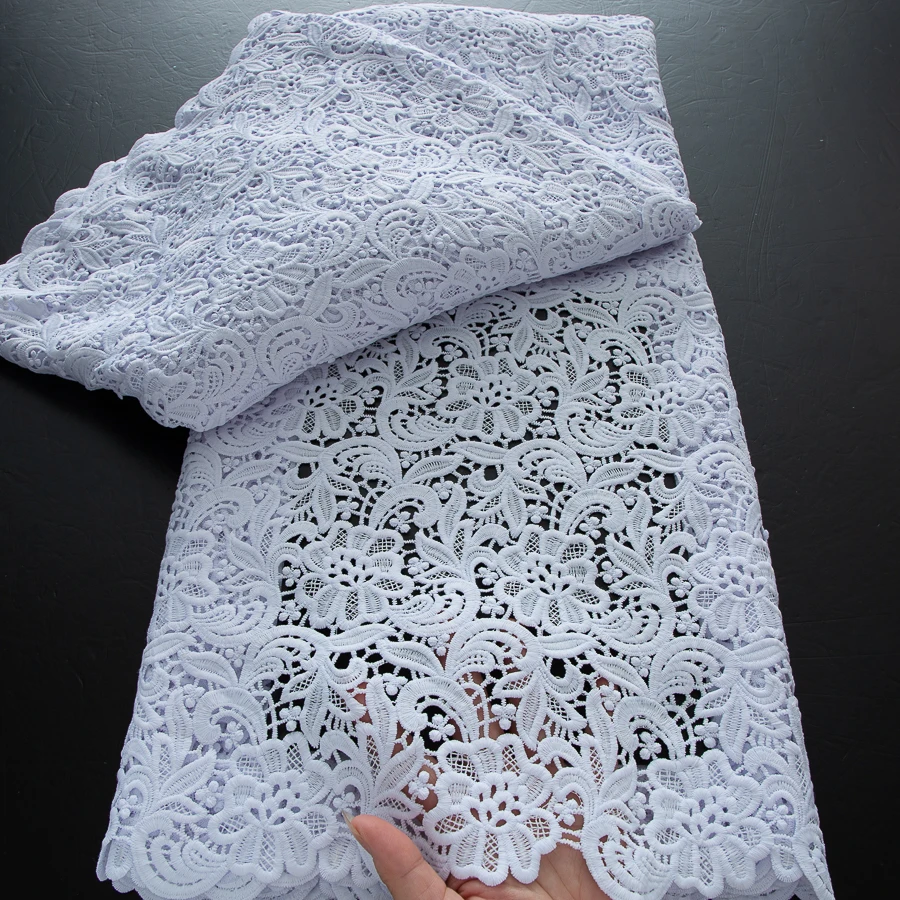 Guipure Lace Fabric High Quality 5 Yards Knitted White Nigerian African Sequins Cord Lace Fabric Dress for Women A4070