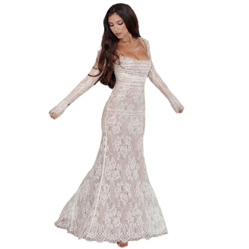 👗Shawl Drawstring Lace Maxi Dress