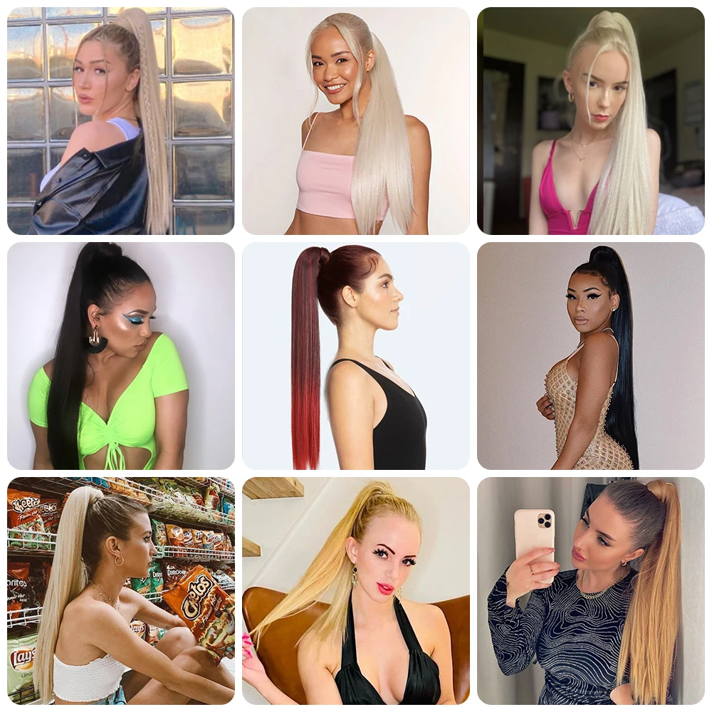 Color: T1B/4/27, Stretched Length: 34inches - AZQUEEN Straight Synthetic Hairpiece With Ponytail 85cm Super Long Wrap Around Clip In Hair Extensions Pony Tail For Daily Wear