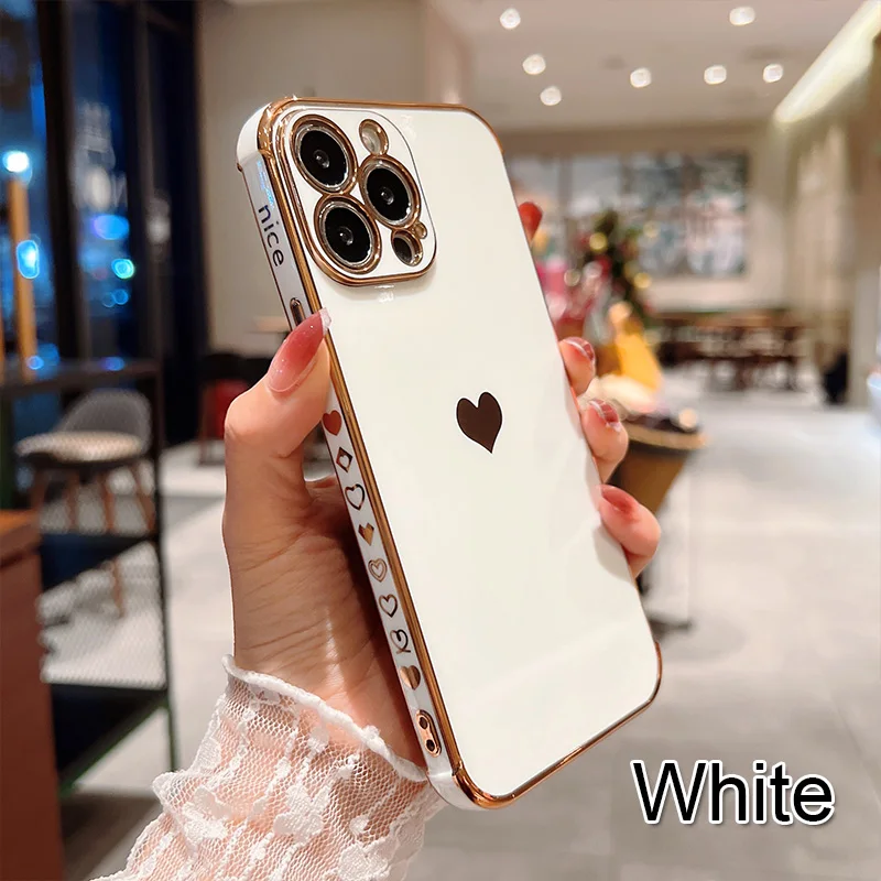 Color: MULTI, Ships From: CN, Material: Carbon Fiber - Electroplating Side Love Heart Phone Case For IPhone 16 15 14 13 12 11 Pro Max XR 8 Plus SE2/SE3 Shockproof Back Cover