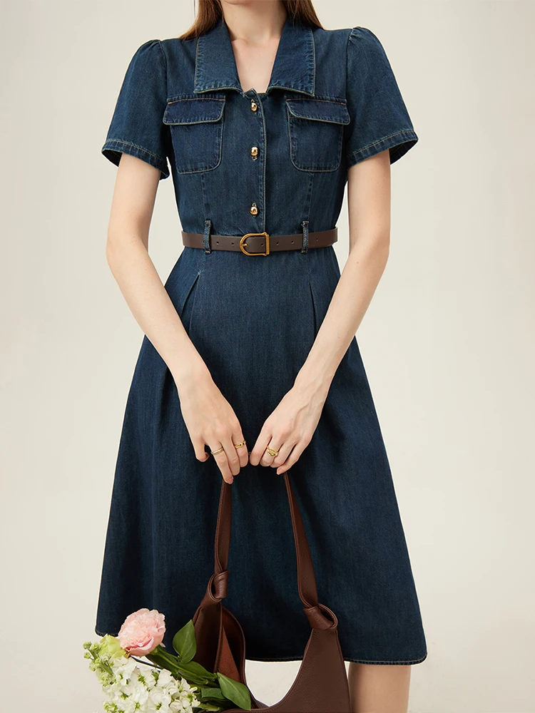 Color: Blue, Size: M - FSLE French Temperament Elegant Retro Denim Dress For Women 2024 Summer New Design High Waist Versatile Long Dress  24FS12236