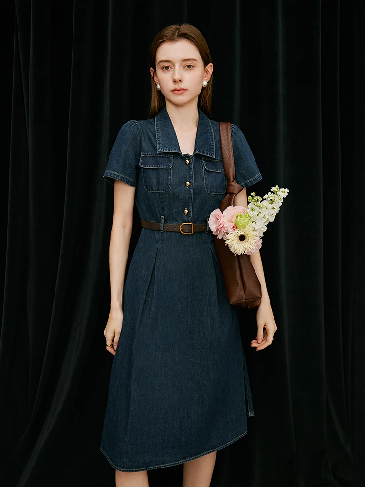 Color: Blue, Size: M - FSLE French Temperament Elegant Retro Denim Dress For Women 2024 Summer New Design High Waist Versatile Long Dress  24FS12236