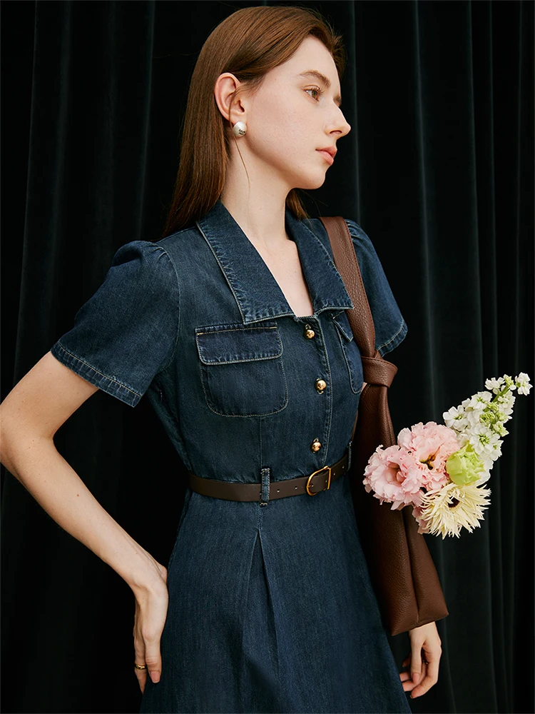 Color: Blue, Size: M - FSLE French Temperament Elegant Retro Denim Dress For Women 2024 Summer New Design High Waist Versatile Long Dress  24FS12236