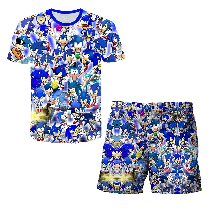 Color: Chocolate, Size: 12" - New Japanese cartoon Sonic T-shirt children's top T-shirt shorts two-piece set summer boy cartoon cute T-shirt+beach pants