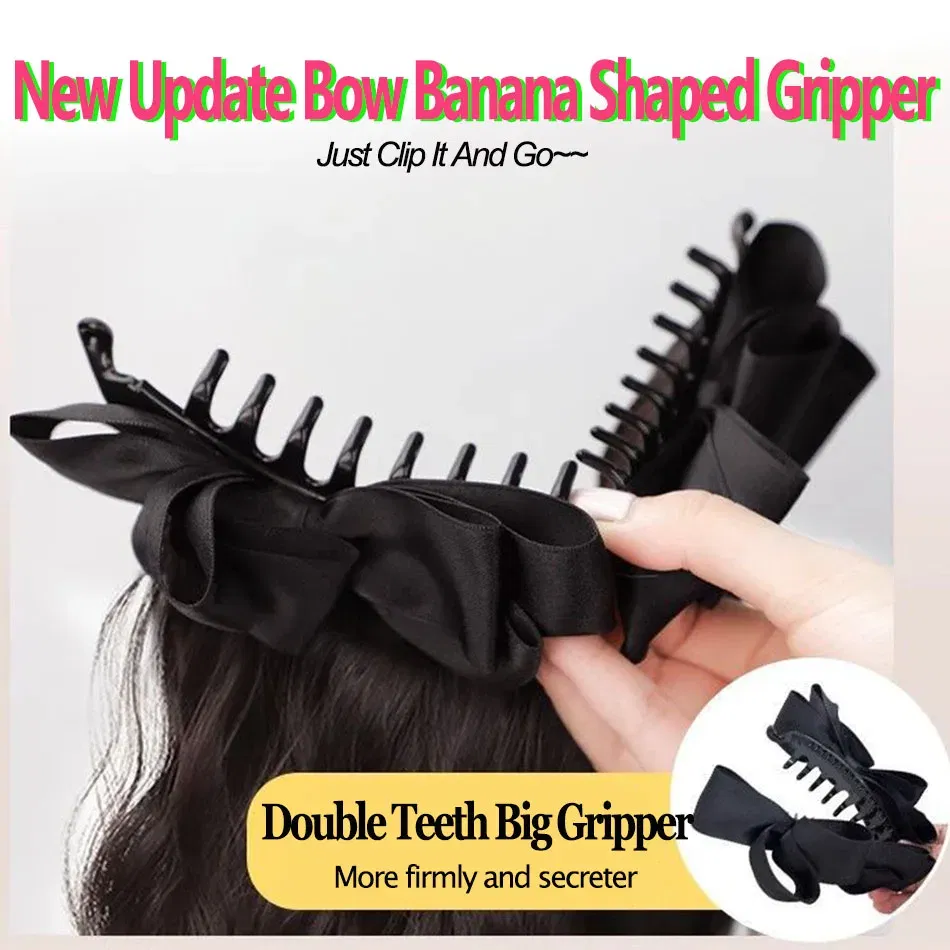 Color: #4, Stretched Length: 18inches - Elegant Synthetic Silk Bowknot Banana Claw Clip Ponytail Wig With Grab Clip Long Wavy Layered Ponytail for Women Daily Use