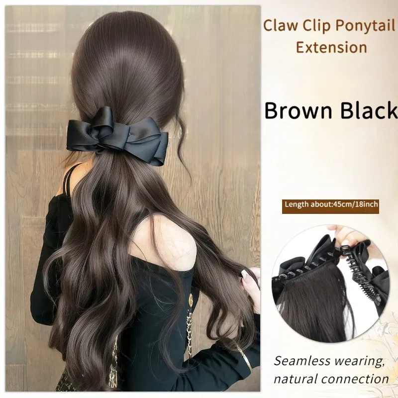 Color: #4, Stretched Length: 18inches - Elegant Synthetic Silk Bowknot Banana Claw Clip Ponytail Wig With Grab Clip Long Wavy Layered Ponytail for Women Daily Use