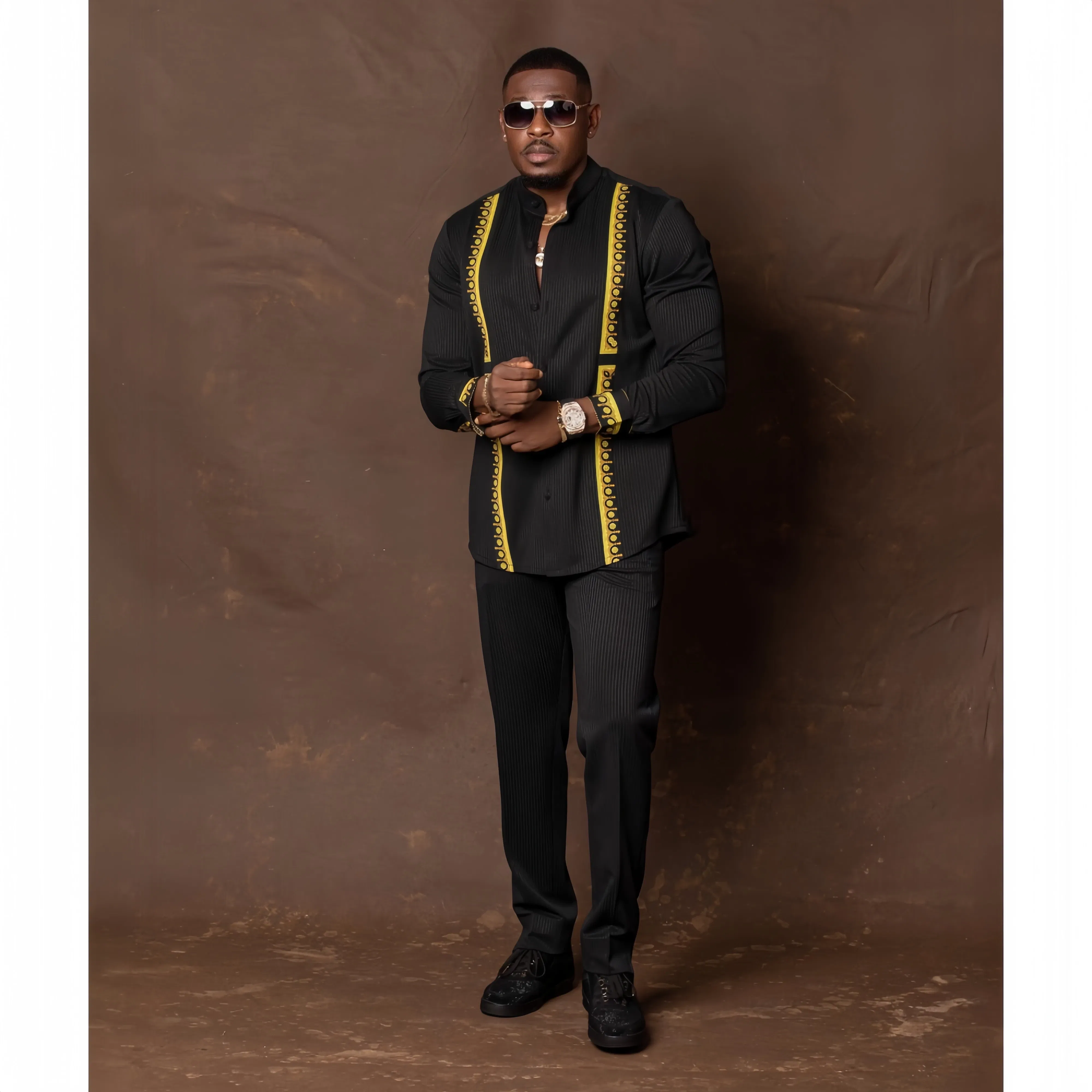 Color: Silver, Size: M - New Kaunda Boutique Men's Set Fashionable Red Luxury Grand Round Neck Embroidery Slim Fit Two Piece Wedding Festival Set