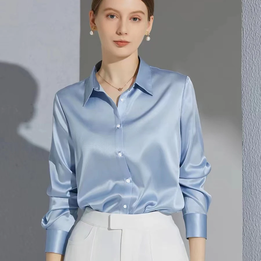 Color: Brown, Size: 4XL - All-match Satin Finish Shirts And Blouses Women Clothing Casual Top OL Long Sleeve Button Elegant Shirts French Solid Blouses