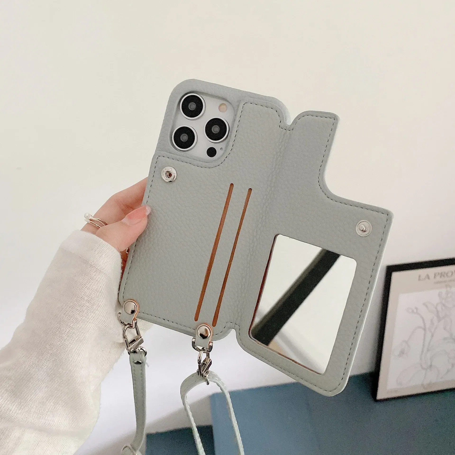 Material: Denim, Color: black - Zipper Wallet Makeup Mirror Crossbody Lanyard Case For iPhone 16 15 14 Pro Max 13 12 11 XR XS 7 8 Plus Card Slot Leather Cover