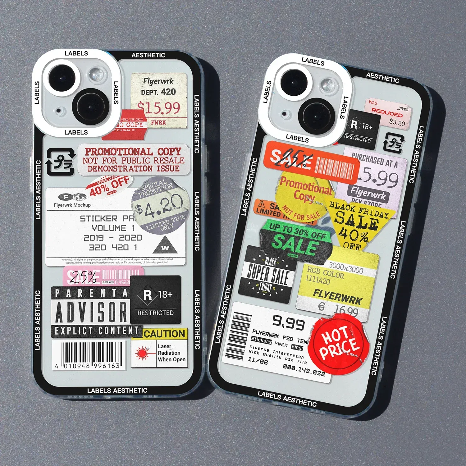 Color: Brown, Material: ABS - Mix Labels Aesthetic Stickers Collage Phone Case For iPhone 16 15 14 13 12 11 Pro Max Mini XS X XR SE 7 8 Plus Clear Soft Cover