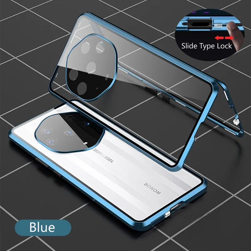 Color: Blue, Material: PE - Double Sided Glass Magnetic Metal Snap Lock Phone Case For Honor Magic 4 5 Ultimate 6 Lite 7 Pro Lens Protection Cover Cases