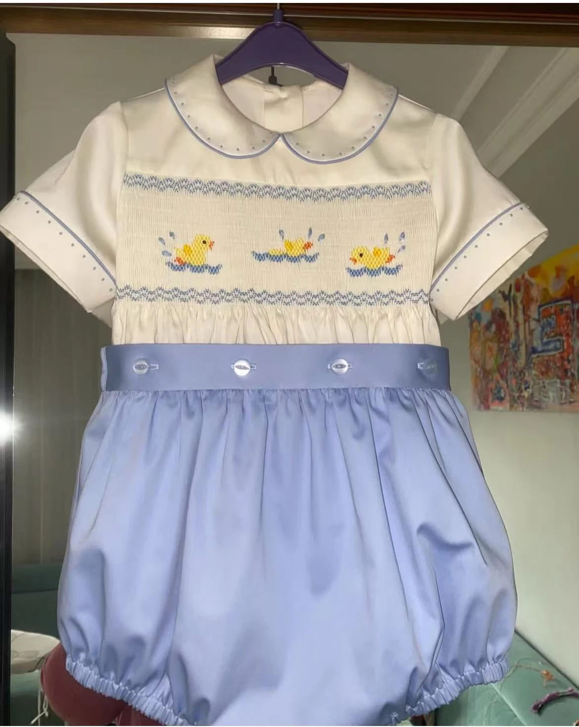 Kid Size: 6M - 0-4Y Baby Boy Summer Short Sleeves Yellow Ducks Handmade Embrodery Smocked Outfit Suit for Party Birthday Holiday  A120