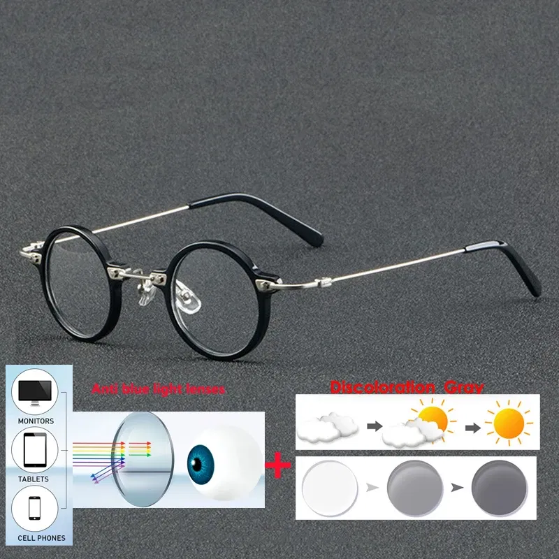 Frame Color: black, Eye Prescription: +375 - VCKA Anti-blue Discolor Acetate+Titanium Myopia Glasses Frames Small Round Men Prescription Optical Women Eyewear -0.50 to -10.0