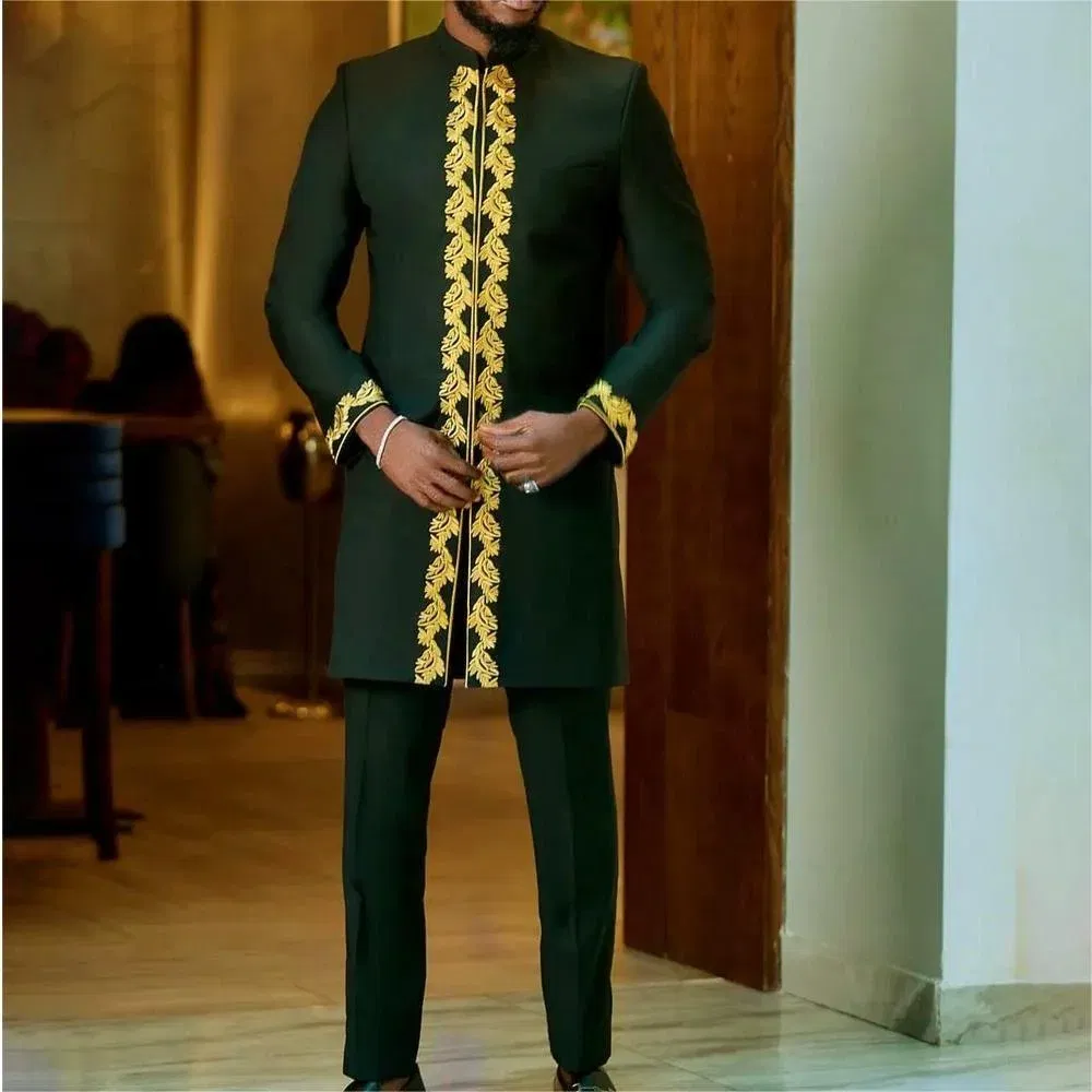 Color: CORAL RED, Size: XL - 2024 New African Traditional Men's Set Elegant and Fashionable Men's Suit Casual Embroidery Two Piece Set Men's Suit Kaftan