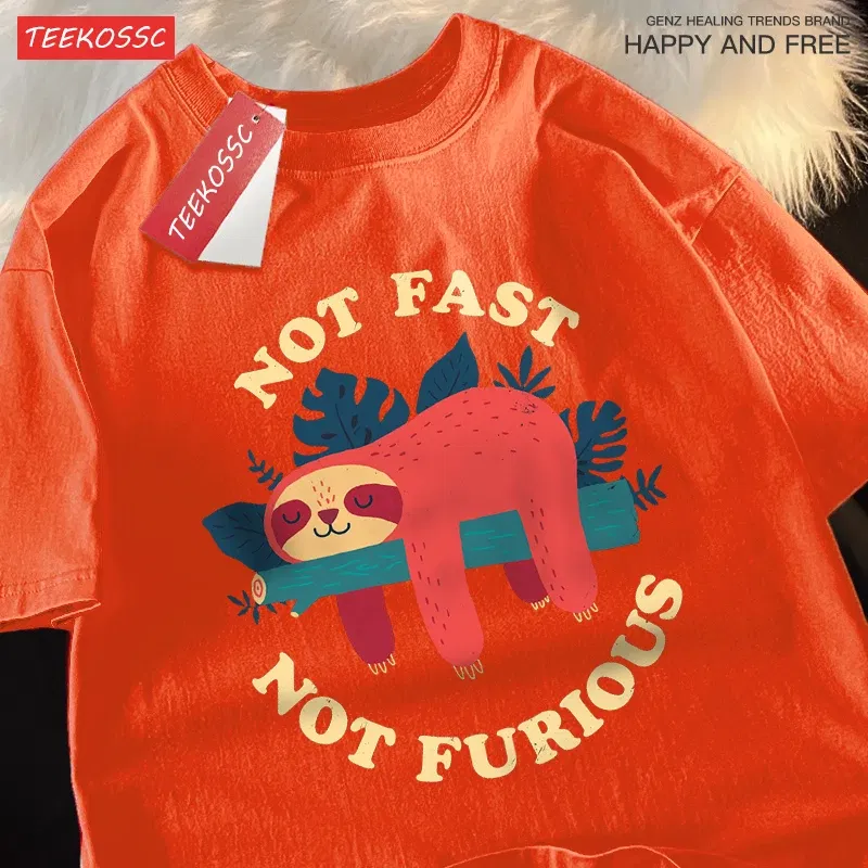 Color: Gold, Size: XXL - Not Fast Not Furious Cute Sloth Male T Shirts Hip Hop Crewneck Short Sleeve Summer Cotton Tops Casual Sweat Oversized T-Shirts