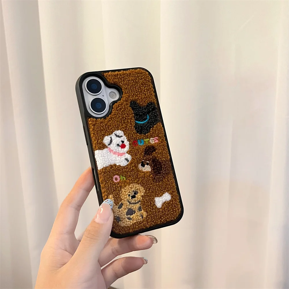 Color: black, Material: aluminum - Luxury Cartoon Embroidery Cute Dog Cats Colorful Dots Phone Case For iPhone 13 14 15 16 Pro Max Plush Winter Shockproof Cover