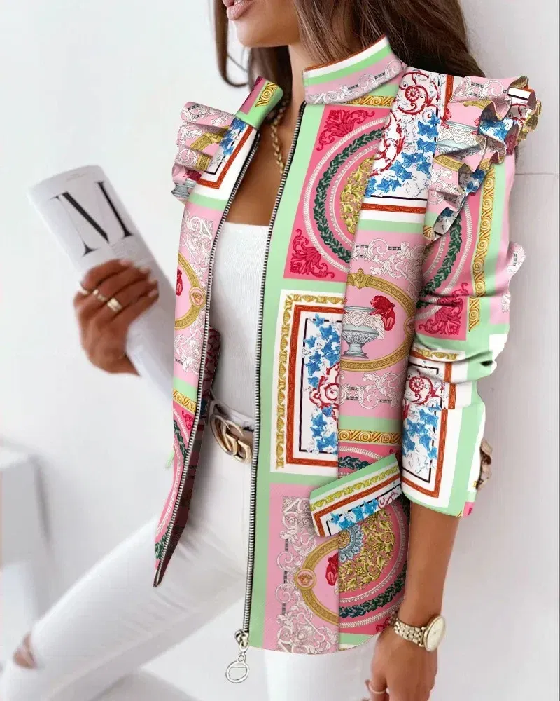 Color: PURPLE, Size: S - 2022 Autumn and Winter Ruffled Long-sleeved Zipper Print Small Suit Jacket Women Blazers for Women Cropped Blazer Ladies Tops