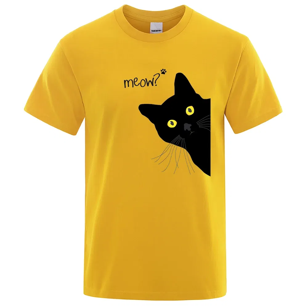 Color: GRAY, Size: L - Meow Black Cat Funny Printing Men T-Shirts Breathable Tee Clothes Summer Streetwear Tops Oversized Loose Cotton Short Sleeve