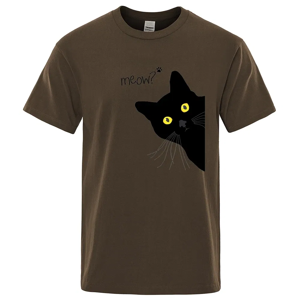 Color: GRAY, Size: L - Meow Black Cat Funny Printing Men T-Shirts Breathable Tee Clothes Summer Streetwear Tops Oversized Loose Cotton Short Sleeve
