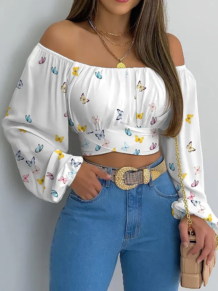 Color: Brown, Size: L - Women Sexy Off Shoulder Blouse Chic and Elegant Printing Lantern Long Sleeve Lace Up Bow Cropped Tops Casual Slim Shirts 2024